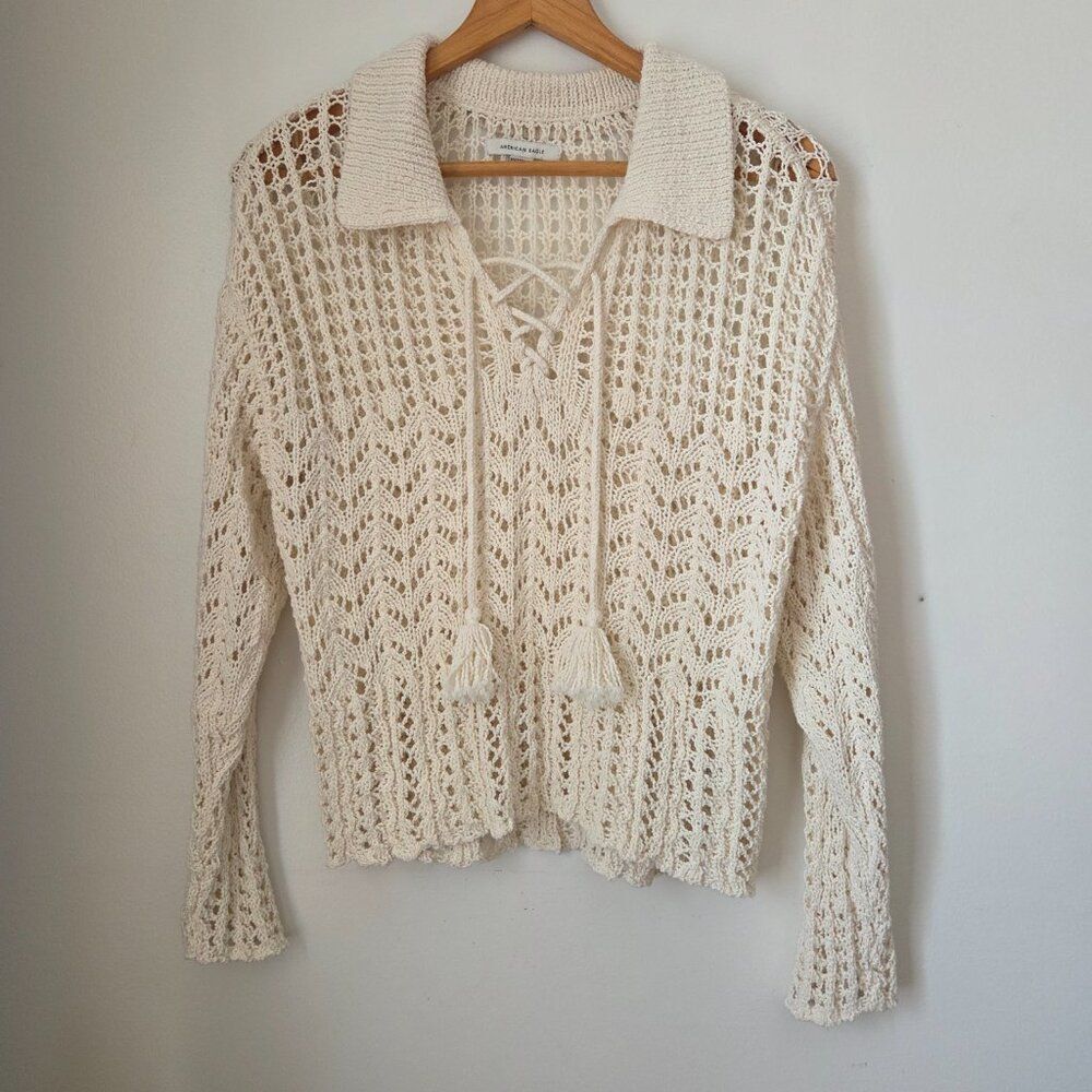 EUC AMERICAN EAGLE OUTFITTERS CREAM CROCHET SWEATER TOP BEACH COVER SIZE XS/S